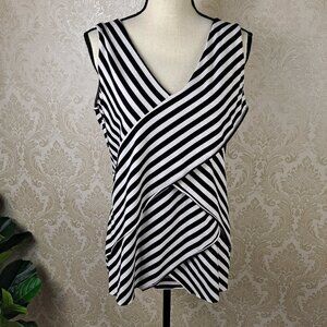Verve Size XL Black Cream Diagonal Striped Tiered Front Sleeveless Blouse Vneck